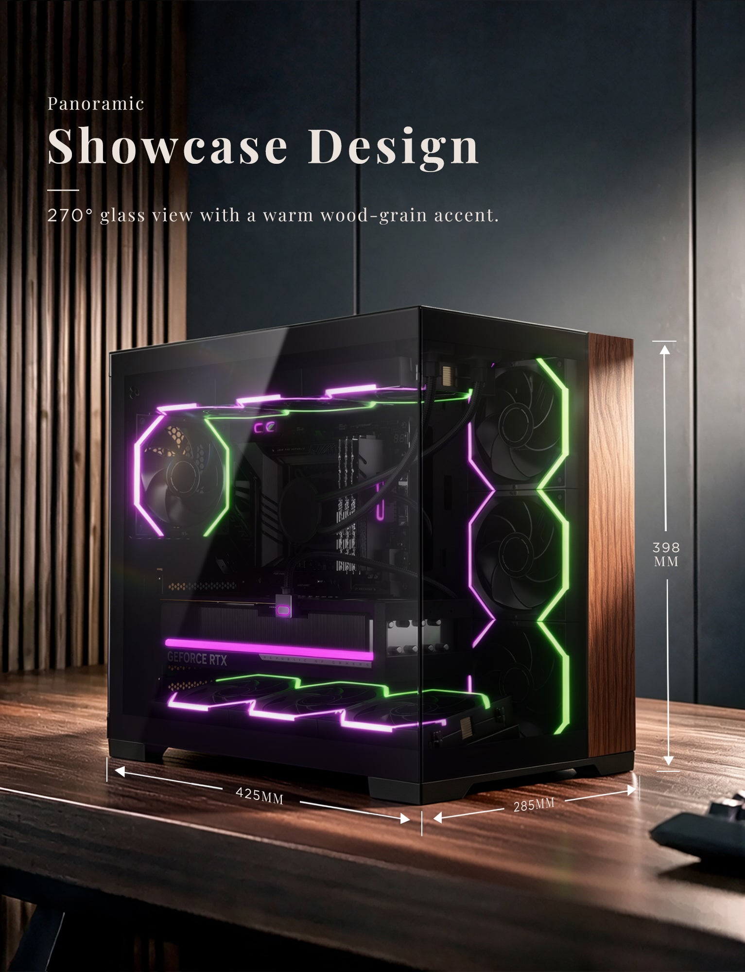 Asiahorse Scutum ATX PC Case, Premium Ash Wood Trim, 270° Tempered Glass