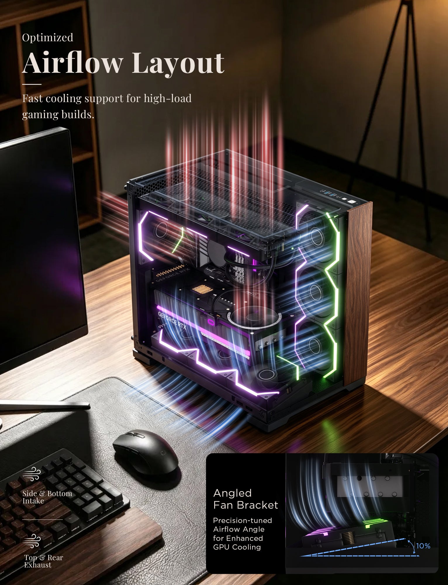 Asiahorse Scutum ATX PC Case, Premium Ash Wood Trim, 270° Tempered Glass