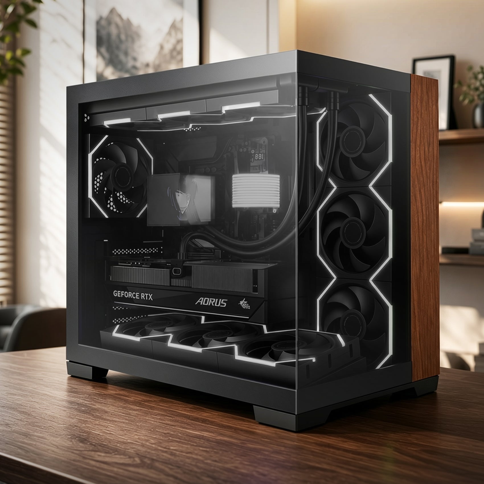 Asiahorse Scutum ATX PC Case, Premium Ash Wood Trim, 270° Tempered Glass
