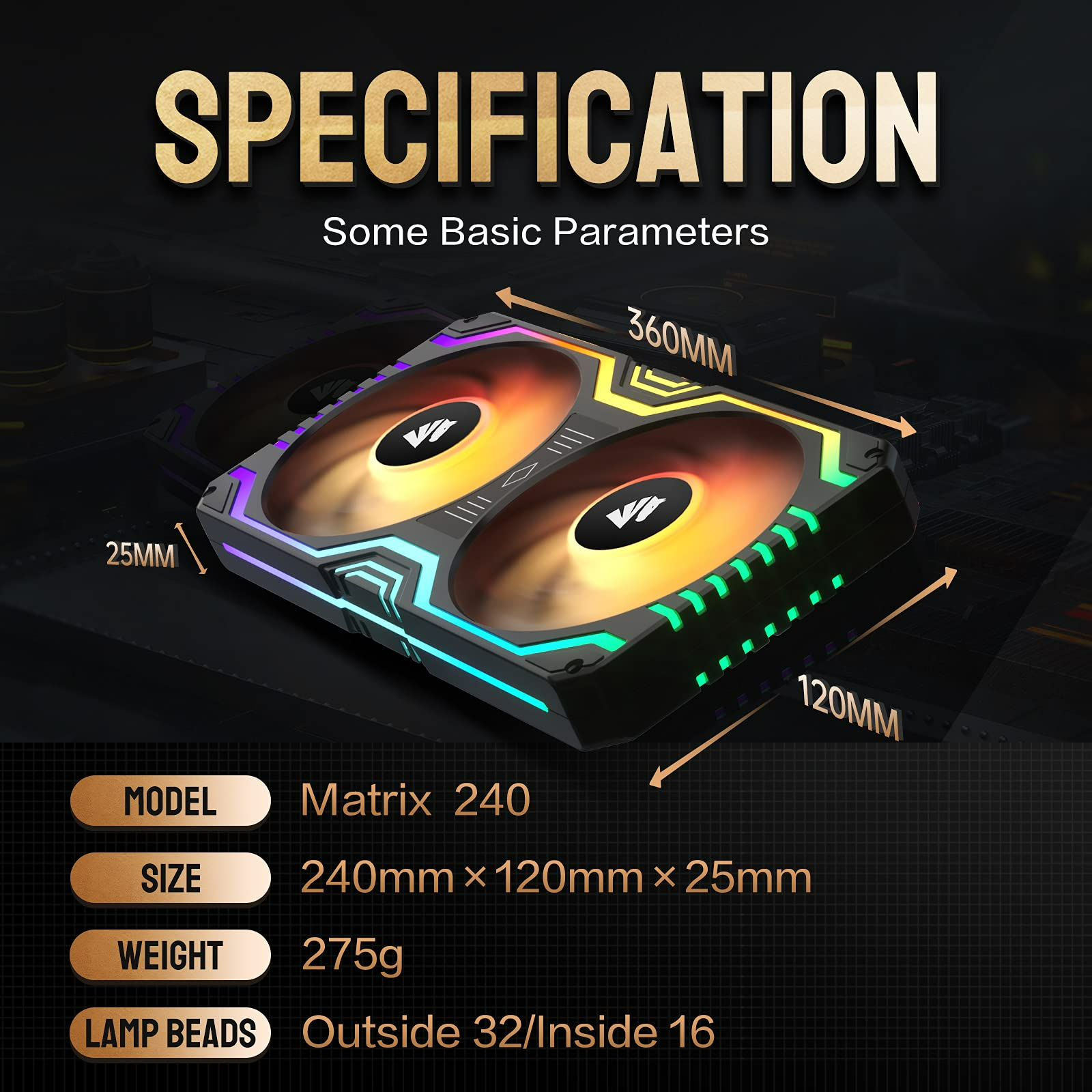 ASIAHORSE Matrix-Black 48 Addressable RGB LEDs 240MM All-in-One Square Frame Integrated Fan with MB Sync/Analog Controller, Integrated PWM Control Fan for Computer Case and Liquid Cooling System