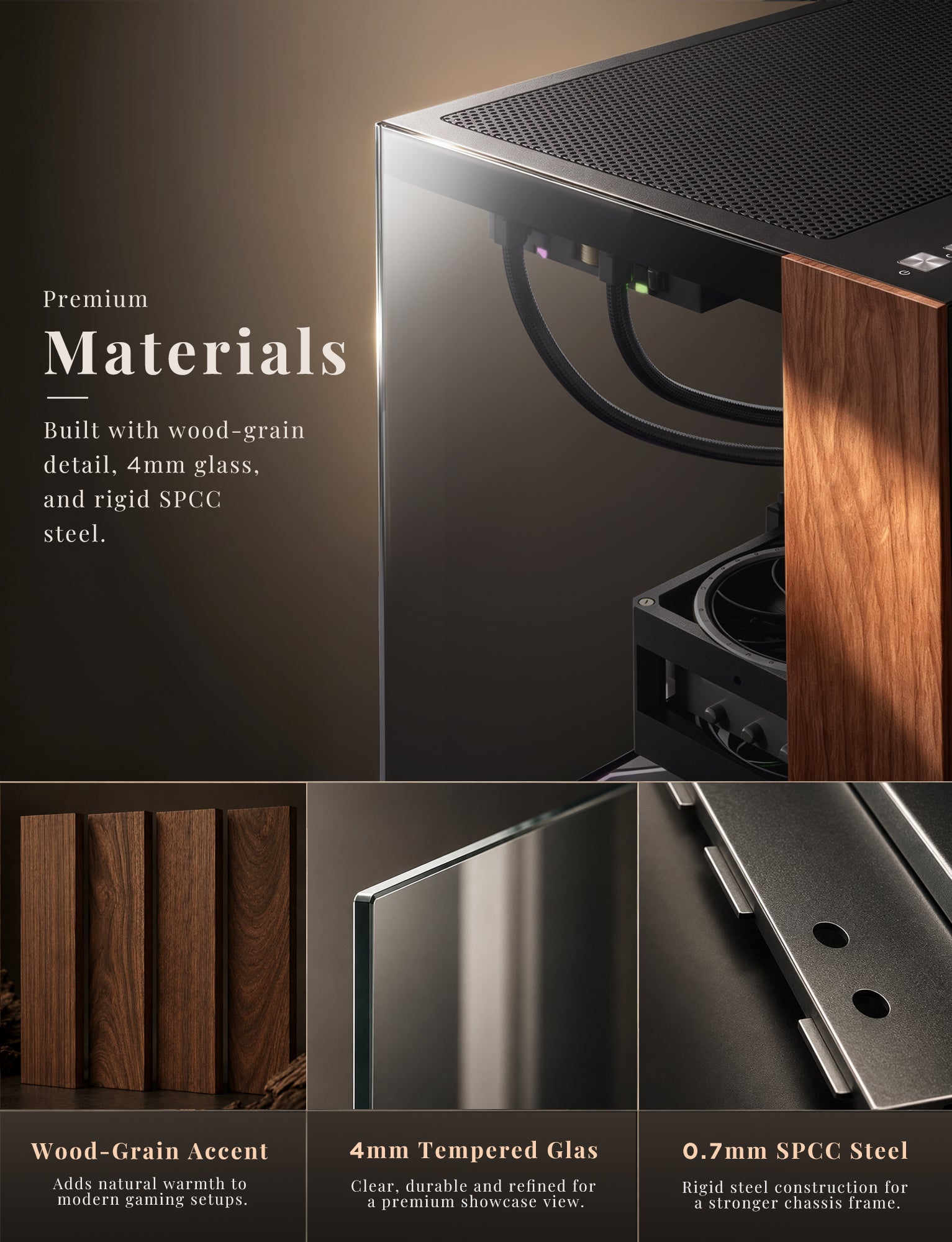 Asiahorse Scutum ATX PC Case, Premium Ash Wood Trim, 270° Tempered Glass