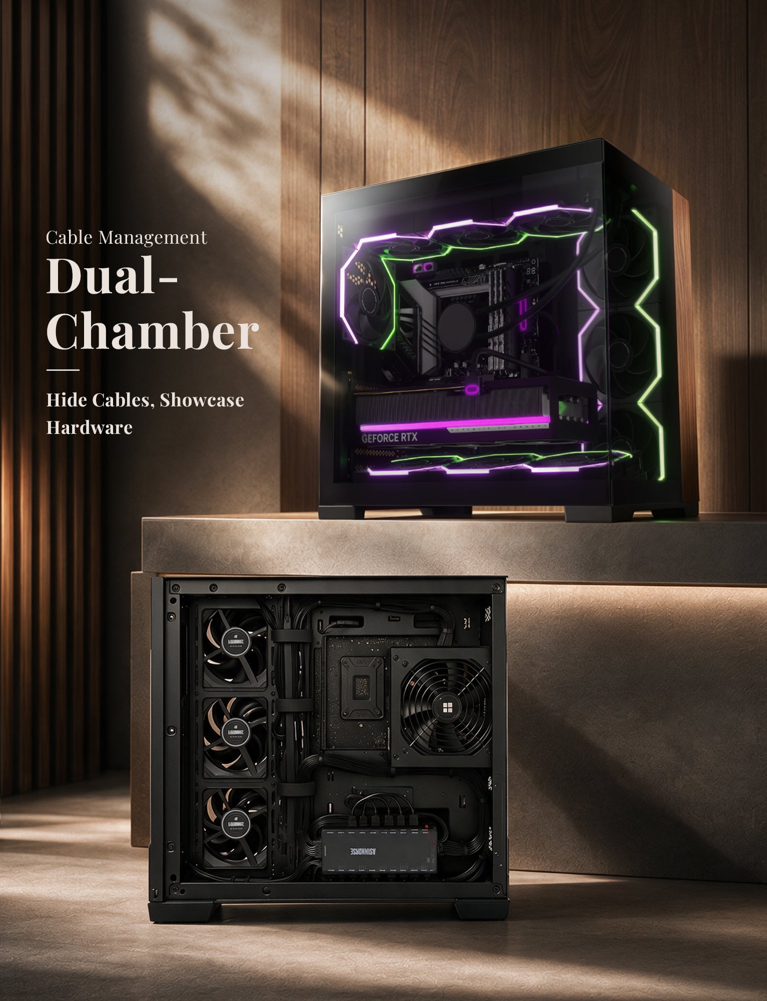 Asiahorse Scutum ATX PC Case, Premium Ash Wood Trim, 270° Tempered Glass