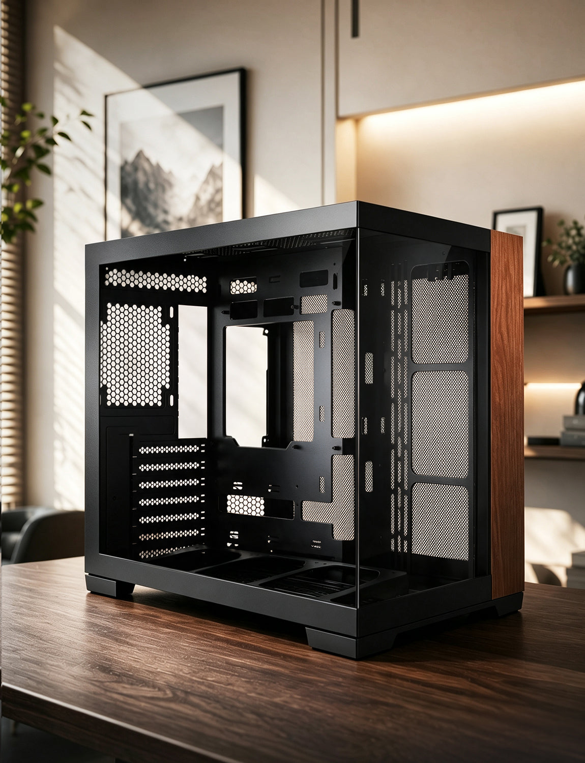 Asiahorse Scutum ATX PC Case, Premium Ash Wood Trim, 270° Tempered Glass