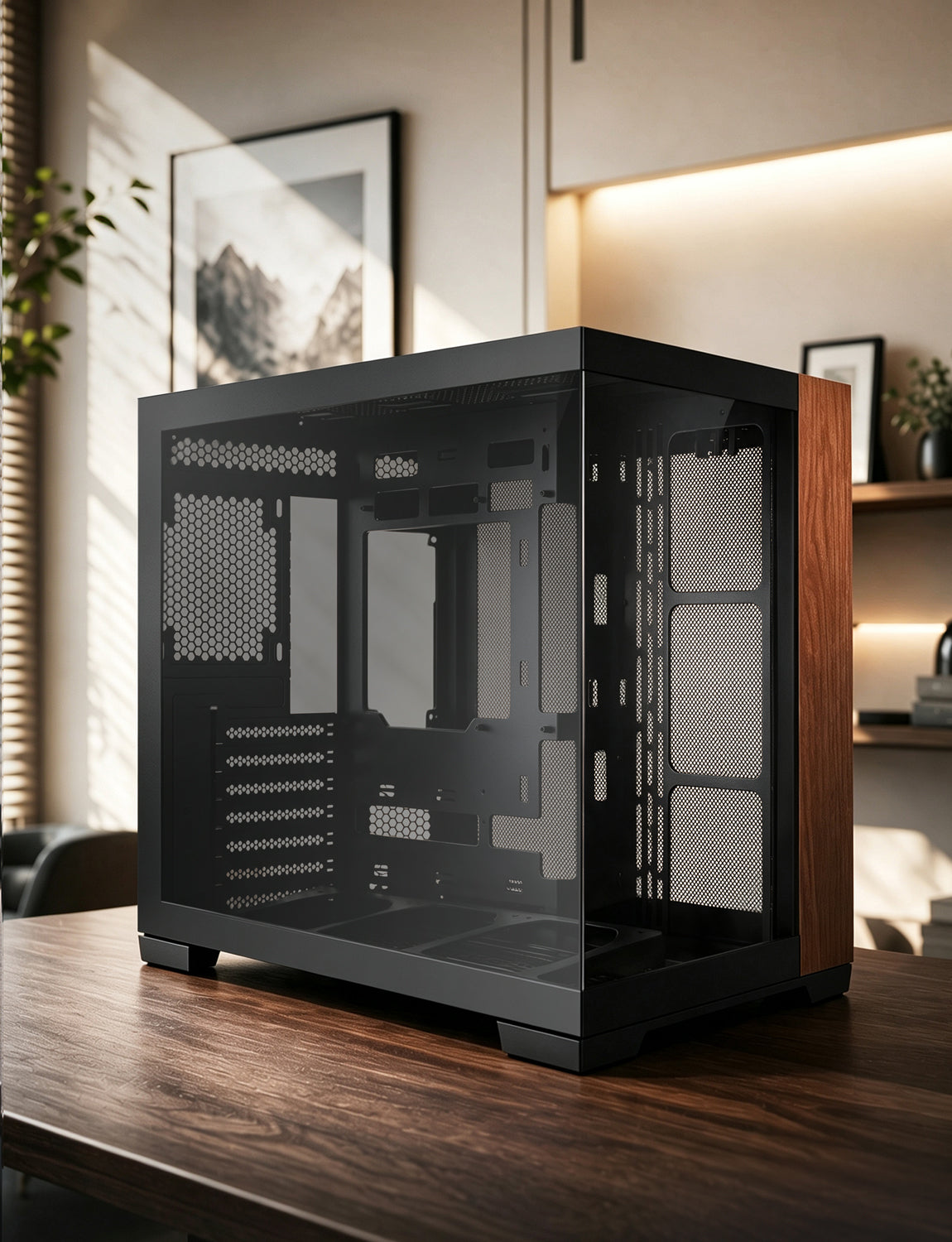 Asiahorse Scutum ATX PC Case, Premium Ash Wood Trim, 270° Tempered Glass