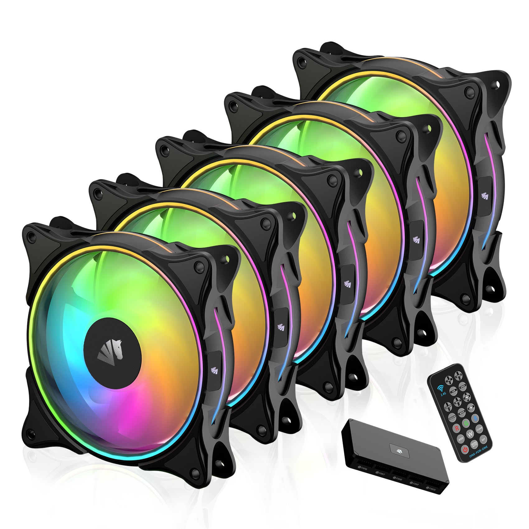 AsiaHorse FS9002 Pro 120mm PWM PC Case Fan, Adjustable Speed of 800-1800rpm, Double LED Lingting Loops, 5V 3-pin ARGB Header Motherboard Aura SYNC with Hub and Remote - White 5pack