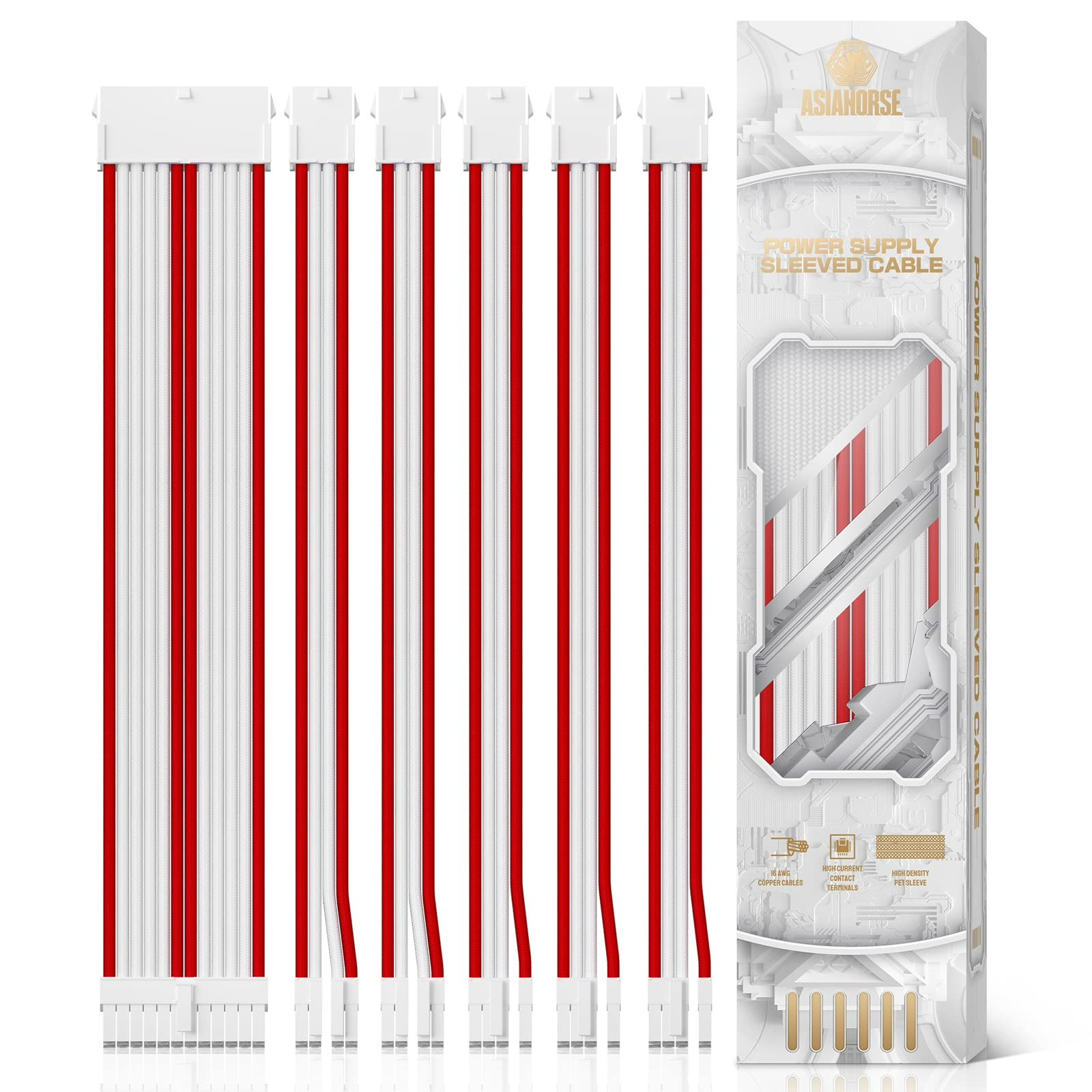 AsiaHorse Power Supply Sleeved Cable, 16 AWG PSU Extension Cable Kit of White Connector, 1x24Pin/2x4+4 EPS/3x6+2 PCI-E, 30cm Length with Combs