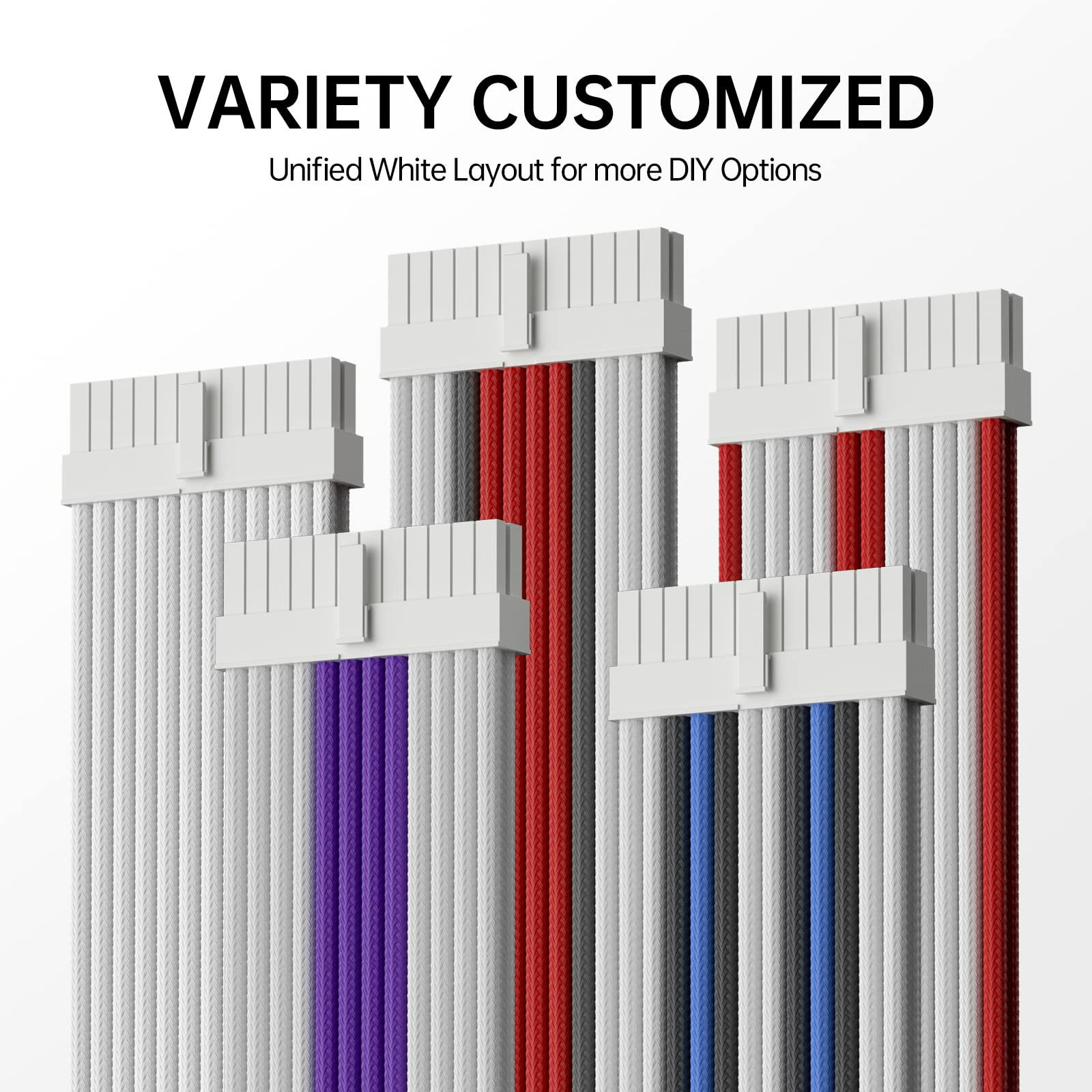 AsiaHorse Power Supply Sleeved Cable, 16 AWG PSU Extension Cable Kit of White Connector, 1x24Pin/2x4+4 EPS/3x6+2 PCI-E, 30cm Length with Combs